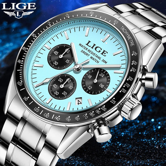 LIGE Relogios Masculino Full Steel Waterproof Quartz Chronograph Watch