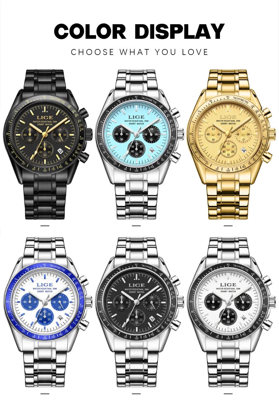 LIGE Relogios Masculino Full Steel Waterproof Quartz Chronograph Watch