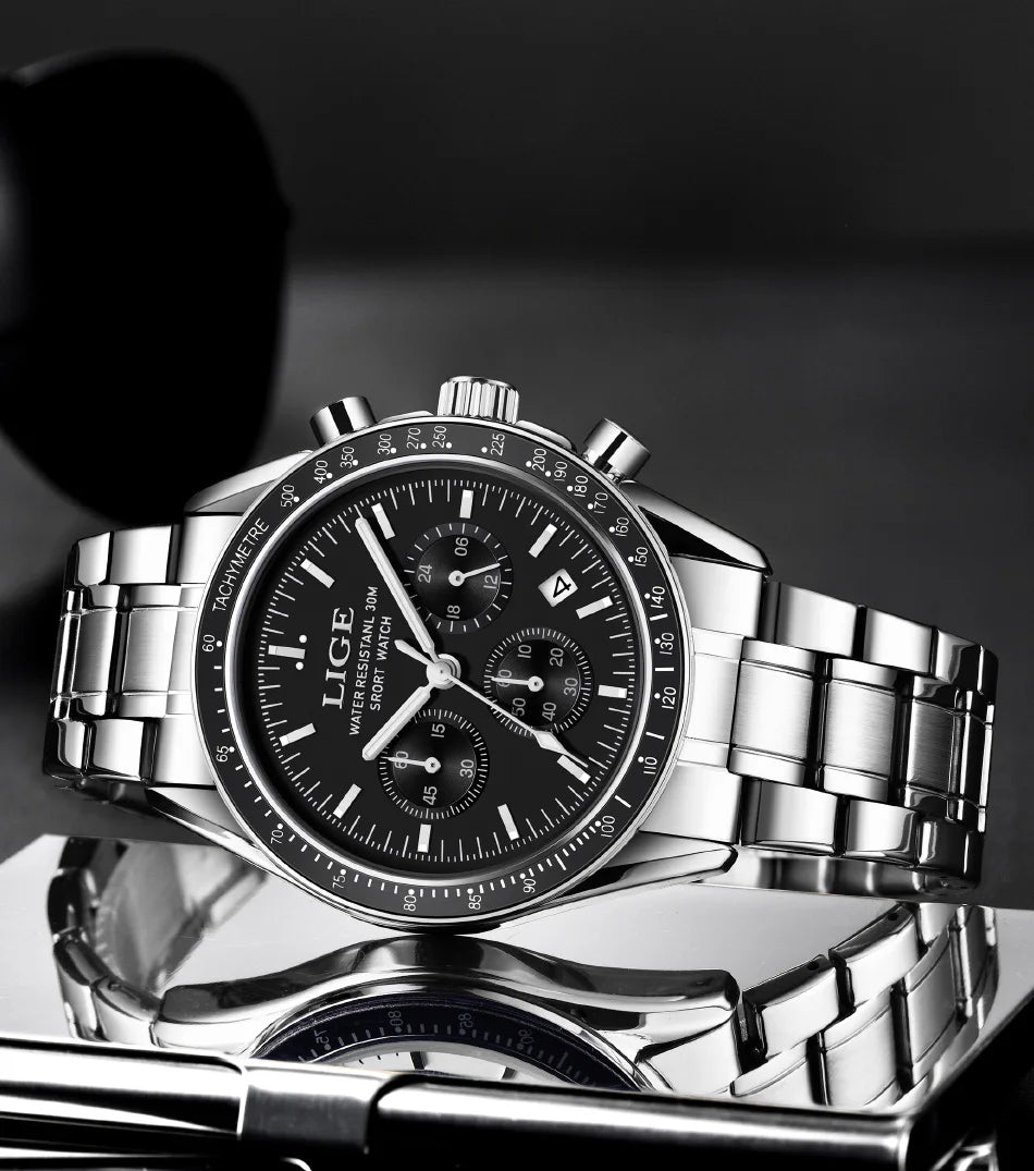 LIGE Relogios Masculino Full Steel Waterproof Quartz Chronograph Watch