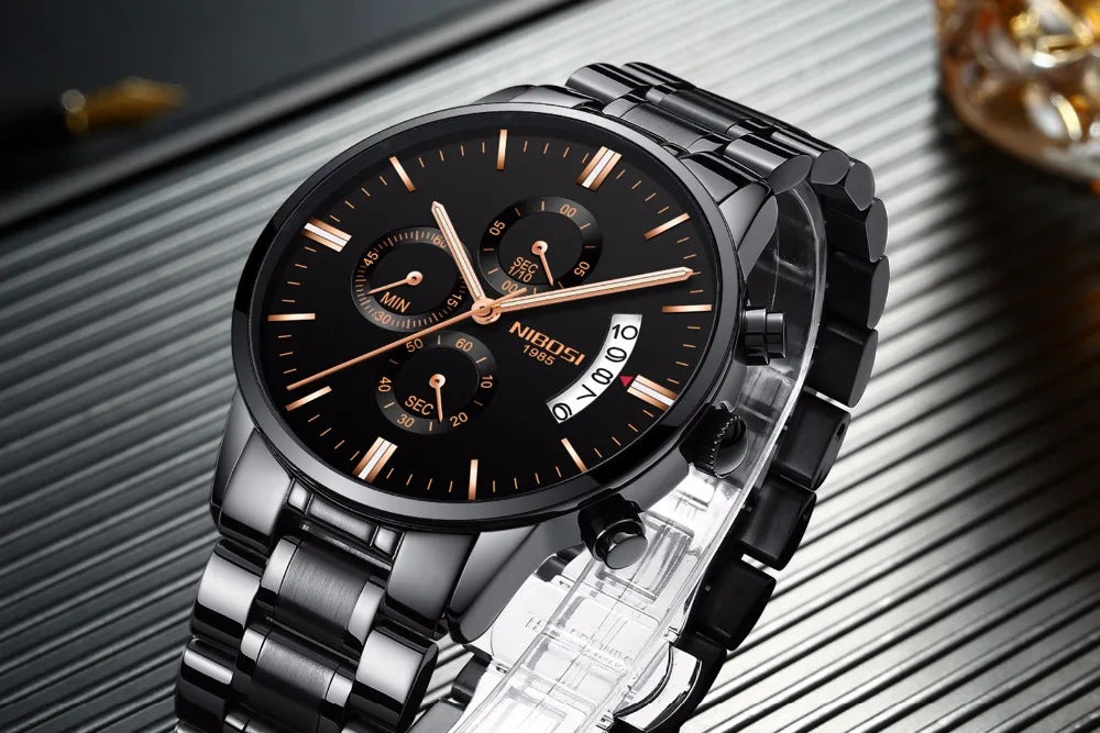 NIBOSI Relogio Masculino 2309 Stainless Steel Black Quartz Chronograph Wristwatch