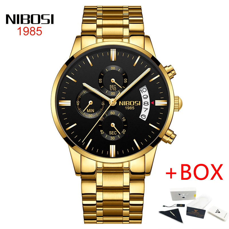 NIBOSI Relogio Masculino 2309 Stainless Steel Black Quartz Chronograph Wristwatch