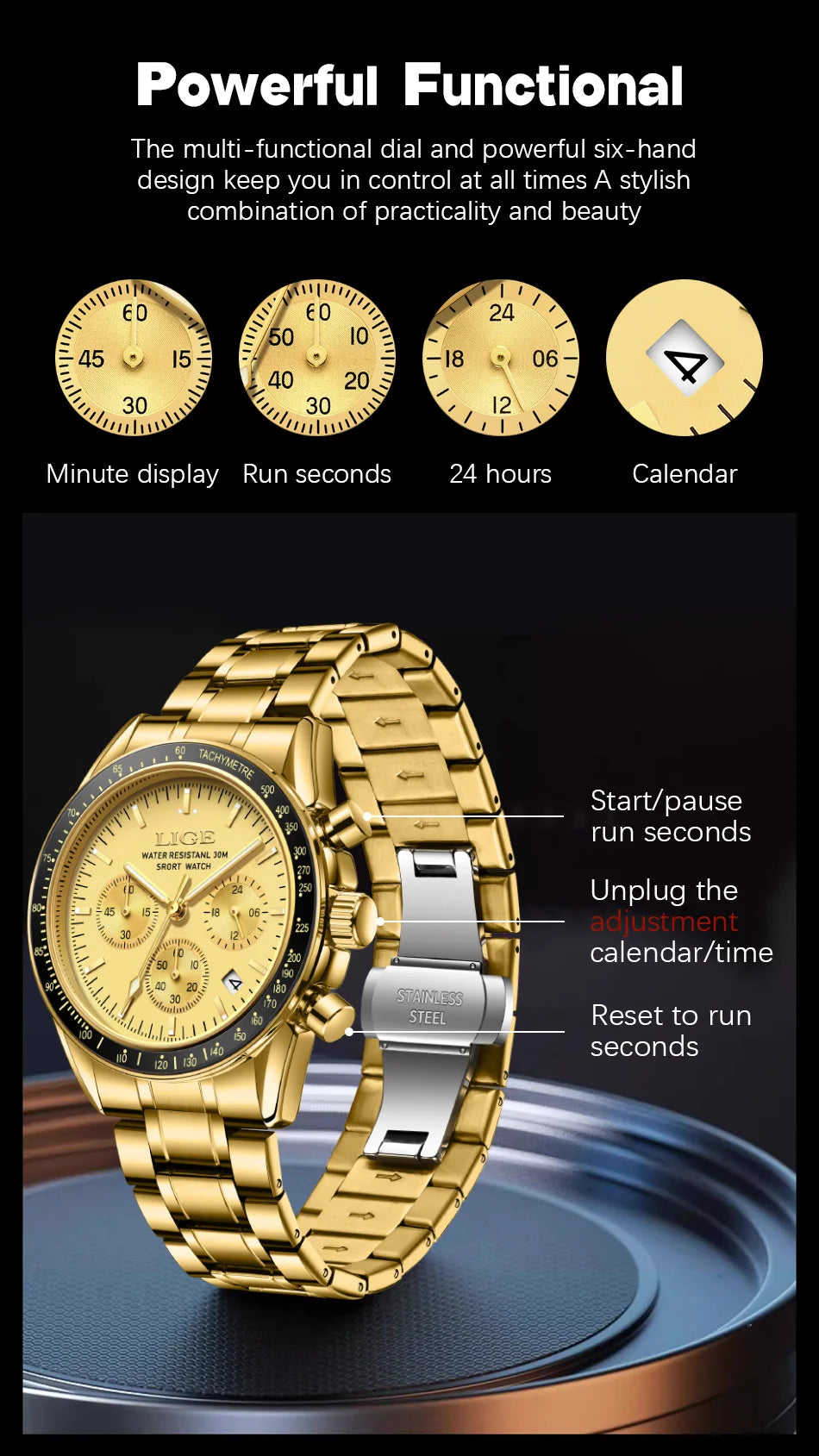LIGE Relogios Masculino Full Steel Waterproof Quartz Chronograph Watch