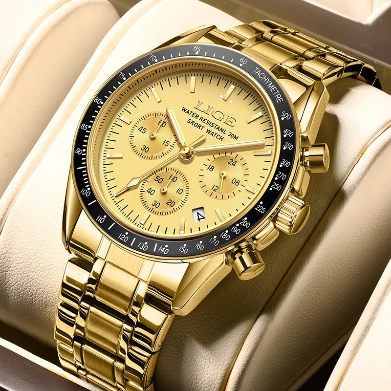 LIGE Relogios Masculino Full Steel Waterproof Quartz Chronograph Watch