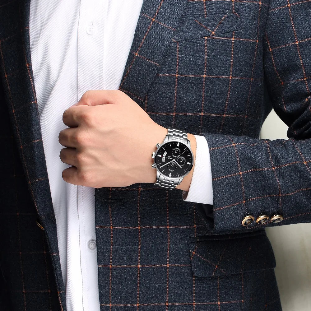NIBOSI Relogio Masculino 2309 Stainless Steel Black Quartz Chronograph Wristwatch
