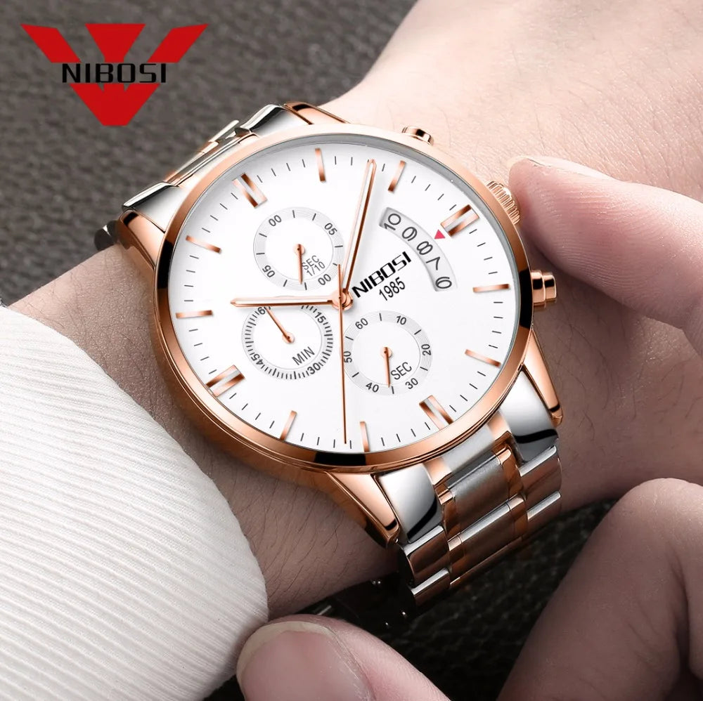 NIBOSI Relogio Masculino 2309 Stainless Steel Black Quartz Chronograph Wristwatch