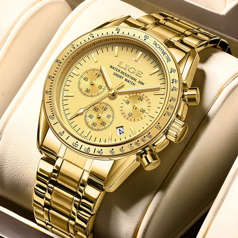LIGE Relogios Masculino Full Steel Waterproof Quartz Chronograph Watch