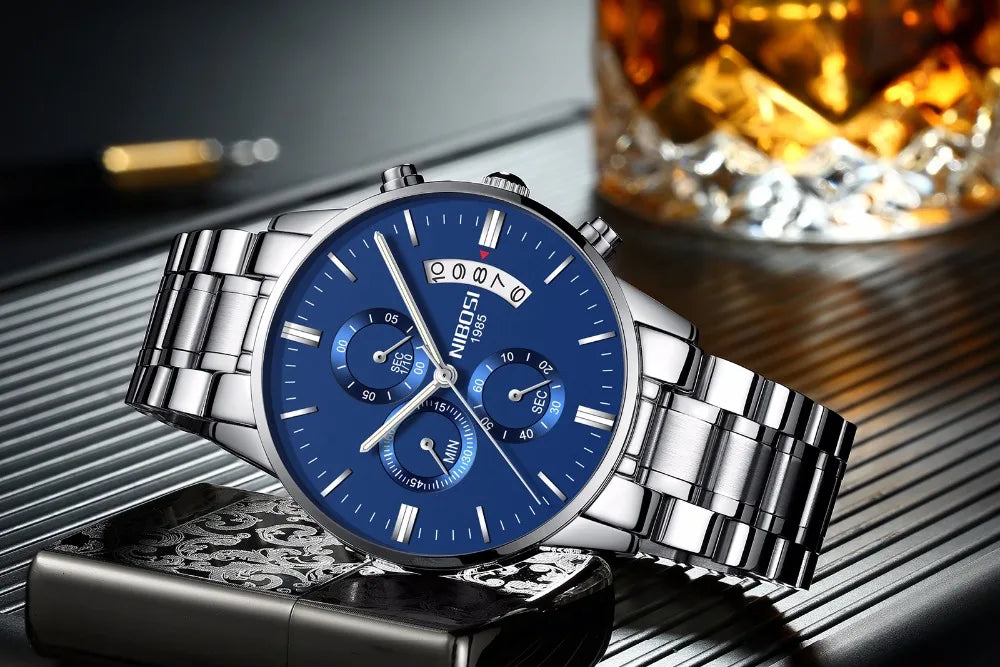 NIBOSI Relogio Masculino 2309 Stainless Steel Black Quartz Chronograph Wristwatch