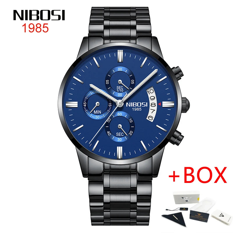 NIBOSI Relogio Masculino 2309 Stainless Steel Black Quartz Chronograph Wristwatch