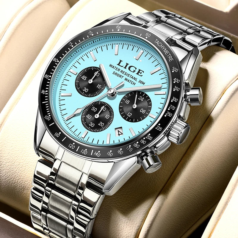 LIGE Relogios Masculino Full Steel Waterproof Quartz Chronograph Watch