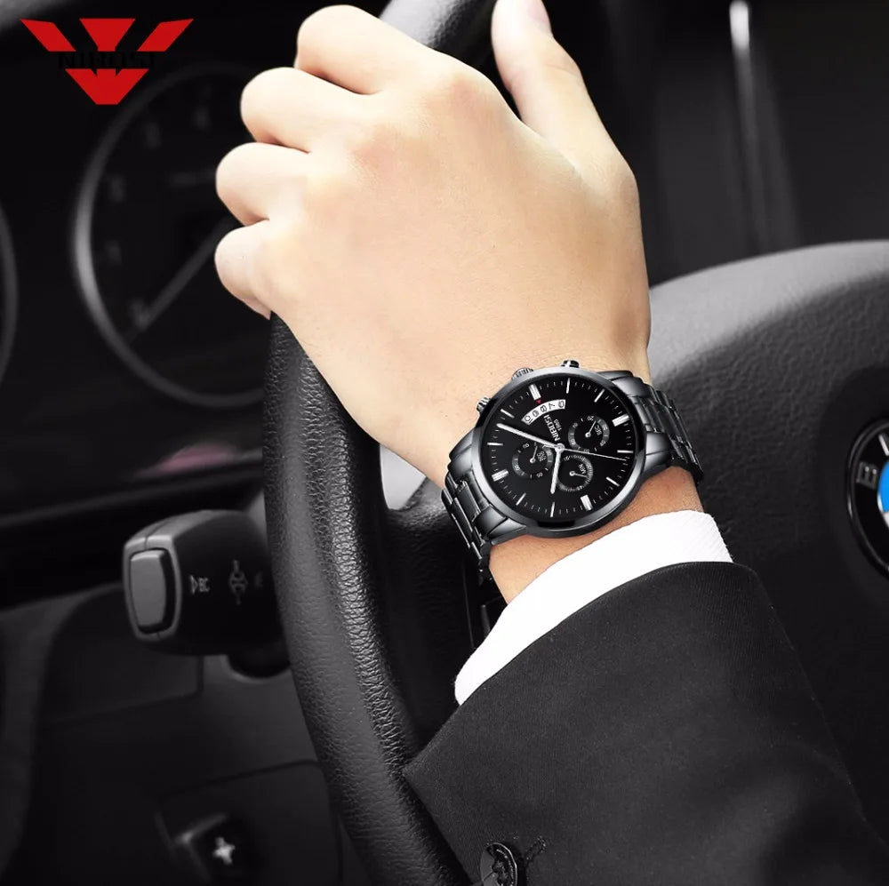 NIBOSI Relogio Masculino 2309 Stainless Steel Black Quartz Chronograph Wristwatch