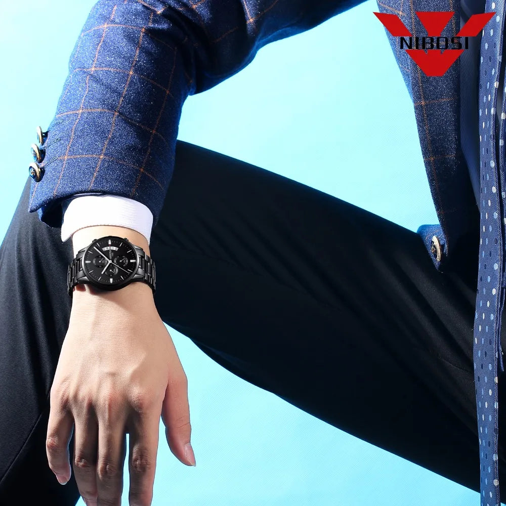 NIBOSI Relogio Masculino 2309 Stainless Steel Black Quartz Chronograph Wristwatch