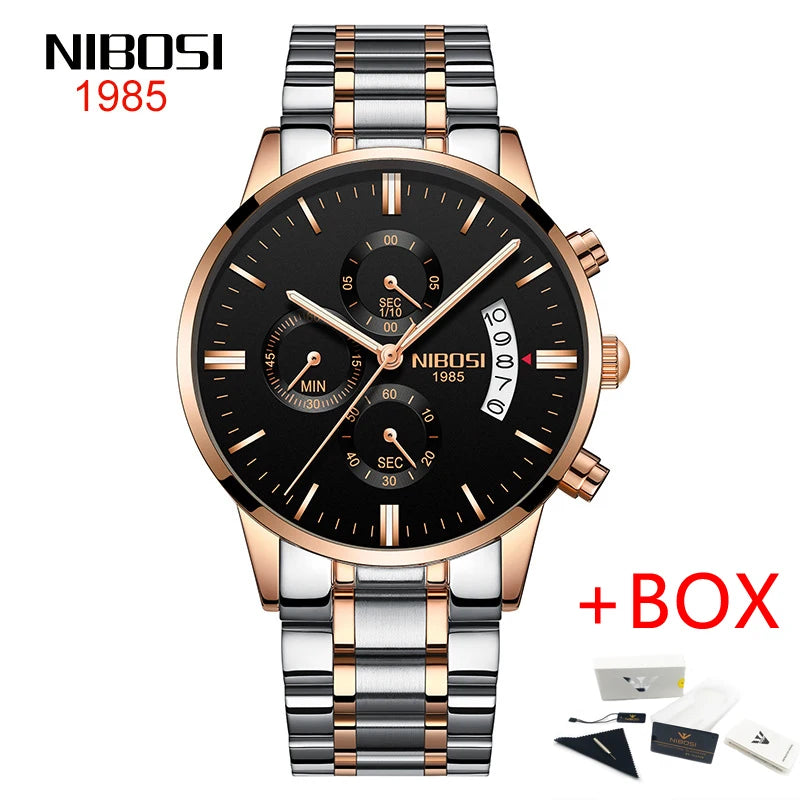 NIBOSI Relogio Masculino 2309 Stainless Steel Black Quartz Chronograph Wristwatch
