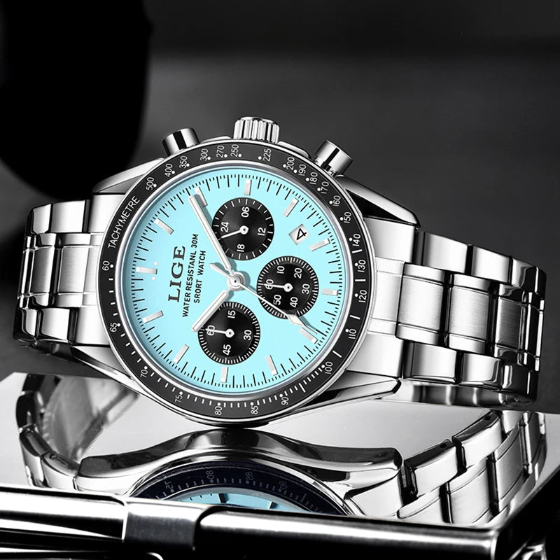 LIGE Relogios Masculino Full Steel Waterproof Quartz Chronograph Watch