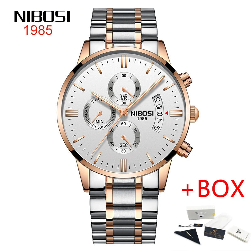 NIBOSI Relogio Masculino 2309 Stainless Steel Black Quartz Chronograph Wristwatch